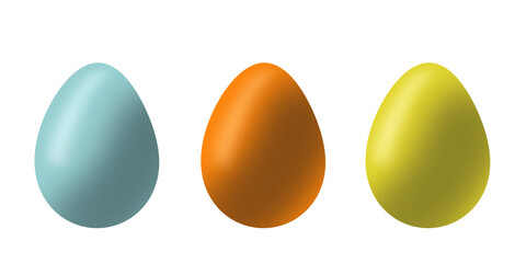 three easter eggs blue, orange and yellow on a white background