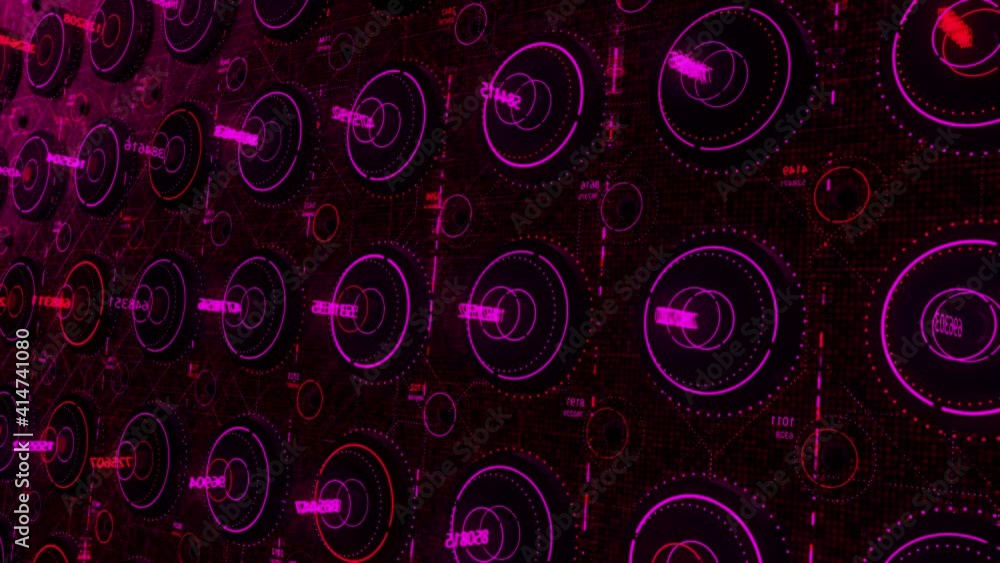 Poster Abstract digital background made of different colorful shapes with rotating elements elements and digits. Animation. Concept of digital data processing. 