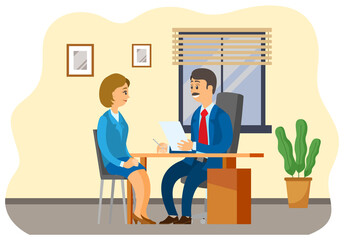 Businessman and woman works together. Man sits at the table on workplace with paper document, woman opposite him, character flat design vector illustration. Employee is listening to the boss s order