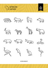 African wild animals and birds vector icons set.