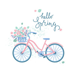 Hello spring card. Bicycle with a beautiful bouquet of flowers and green leaves. Vector illustration isolated on white background.