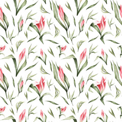 Naklejka premium Seamless pattern with pink lilies, buds and green leaves. Spring texture hand-drawn with watercolor. Floral delicate pattern