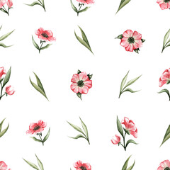 Seamless pattern with pink flowers and green leaves.Floral background painted by watercolor