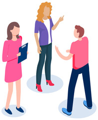 Obraz premium People at business meeting work together. Colleagues discuss company statistics and arguing. Employees at meeting discussing affairs of business. Girl is standing with clipboard in her hands