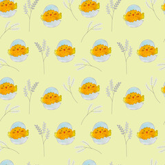 Obraz premium Chicken in an egg and a pussy willow branch on a yellow background.