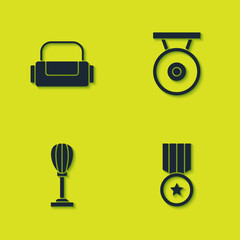 Set Sport bag, Medal, Punching and Gong icon. Vector.
