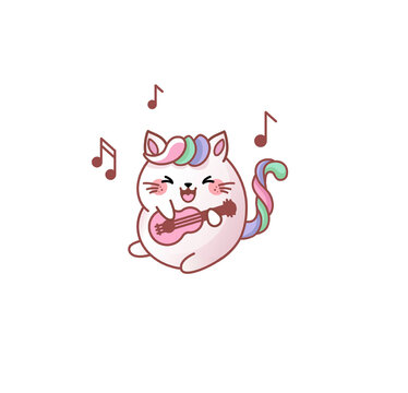 Cat Kitty kitten sing song play guitar music note kawaii chibi Japanese style Emoji character sticker emoticon mascot