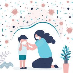 Cute mother puts protective mask on child. Female character putting mask on son for protection against coronavirus infection.