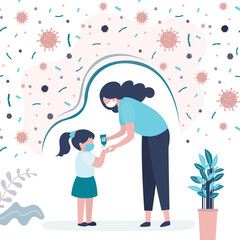 Obraz premium Mother in mask treats girl's hands with antiseptic. Mom and daughter follow rules of personal hygiene