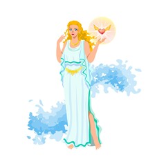 Aphrodite (Venus, Cytherea, Cypris), Greek love and beauty goddess, with golden hair, blue eyes, necklace, in white peplos and magic belt, with shiny winged heart, sea foam. Isolated cartoon character