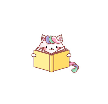 Cat Kitty kitten reads book learning education kawaii chibi Japanese style Emoji character sticker emoticon smile mascot