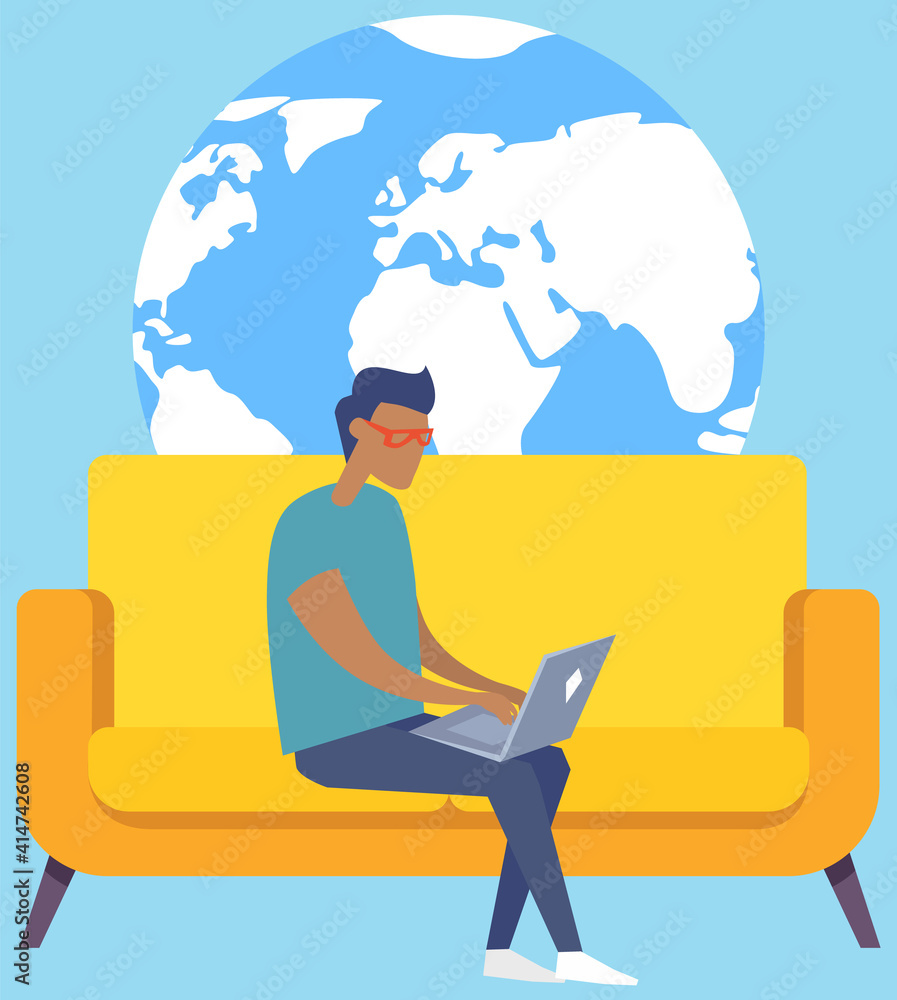 Poster man sitting with notebook near planet earth. male character works with global network and internet. 