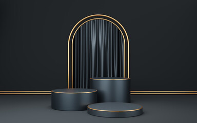 Empty gray cylinder podium and gold border on black arch and curtain background. Abstract minimal studio 3d geometric shape object. Pedestal mockup space for display of product design. 3d rendering.