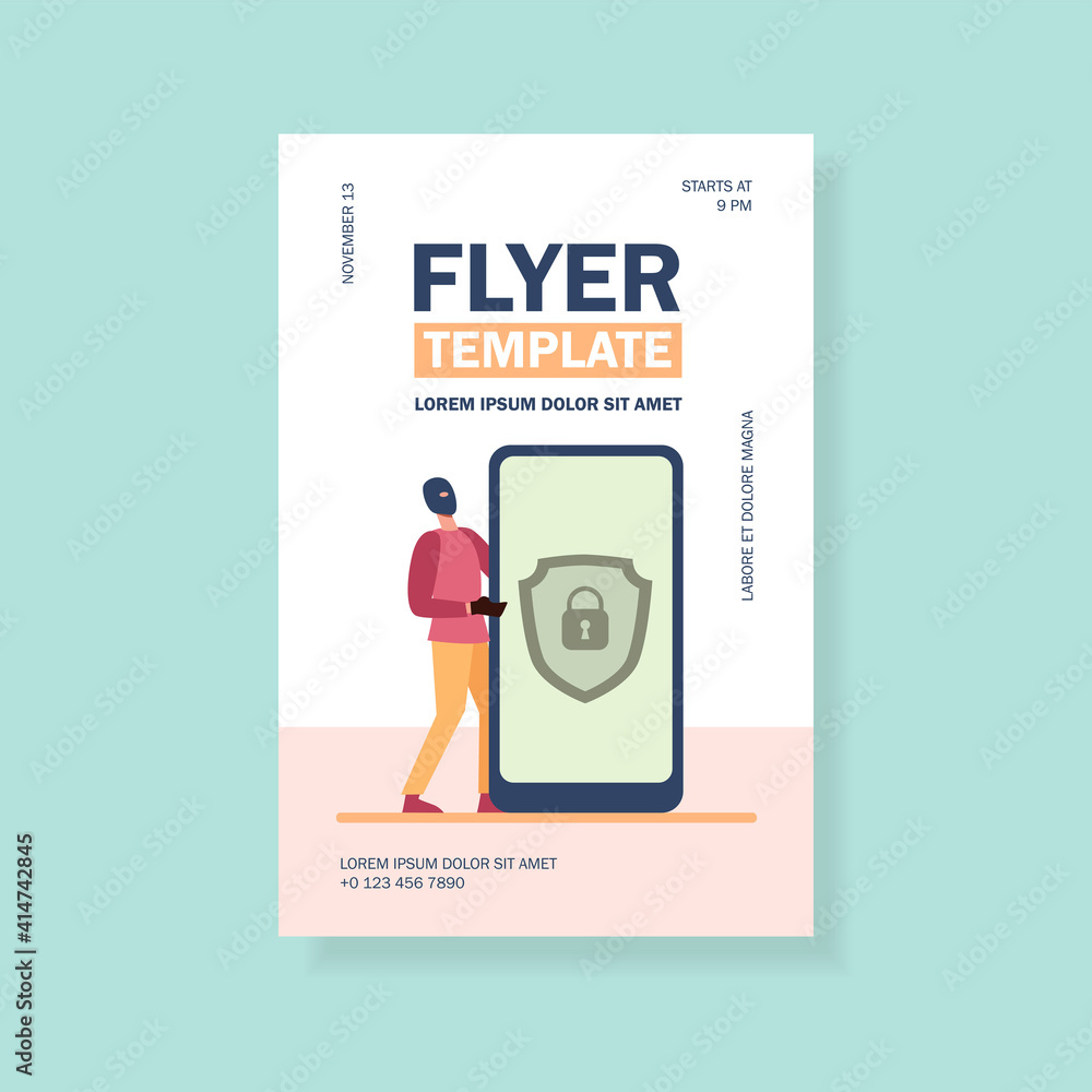 Poster data protection on mobile phone. hacker stealing personal data flat vector illustration. hacking, fr