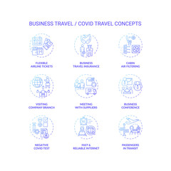 Business travel during coronavirus pandemic concept icons set. New normal idea thin line RGB color illustrations. Service optimization. Additional safety measures. Vector isolated outline drawings.
