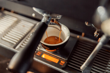Fototapeta na wymiar coffee making staff in cafe, espresso machine