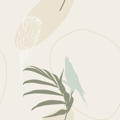 Modern abstract seamless pattern with colorful shapes, palm leaves, branches. Perfect for textile, wrapping paper, fabric.