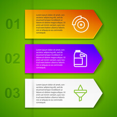 Set line Car brake disk with caliper, Canister for motor oil and Funnel and drop. Business infographic template. Vector.