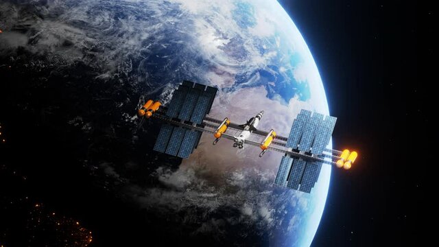 Modern scientific and educational international space satellite station flighting above earth planet. Orbiting spaceship in the univers, shuttle into atmosphere. Images from NASA. 3D render animation