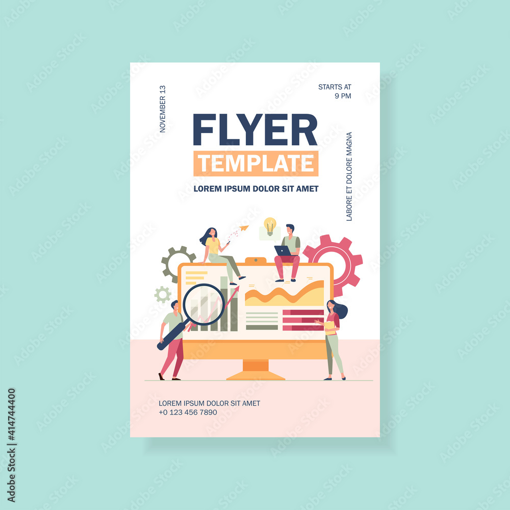 Poster tiny analysts working with data on dashboard isolated flat vector illustration. cartoon office worke