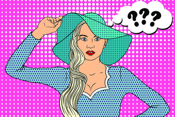 A young beautiful girl in a brimmed hat looks questioningly. Illustration in pin-up style.