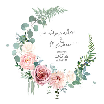 Greenery, pink and white peony, rose flowers vector design round invitation frame
