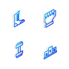 Set Isometric line MMA glove, Sport boxing shoes, Dumbbell and Award over sports winner podium icon. Vector.