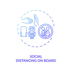 Social distancing on board concept icon. Service optimization. Business travel during covid 19 pandemic idea thin line illustration. New normal. Vector isolated outline RGB color drawing.