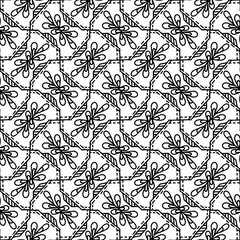 seamless pattern drawn with ornaments and abstract flowers on a white background, vector, black and white, mosaic