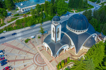 Aerial view of Church of Saint Vissarion Smolenski and planetarium in Smolyan, Bulgaria