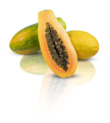  Papaya have shadows Mirror reflection isolated on white background​ and clipping​ path​