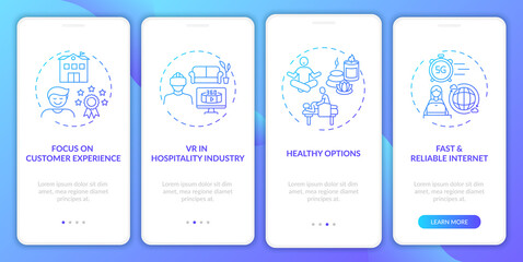 Business travel trends onboarding mobile app page screen with concepts. Reliable and fast internet walkthrough 4 steps graphic instructions. UI vector template with RGB color illustrations