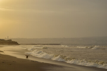 A beautiful view of sea waves on the sand beach and Algiers city in the background   