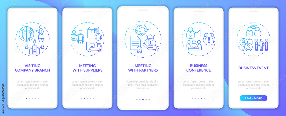 Poster business travel types onboarding mobile app page screen with concepts. business event walkthrough 5 