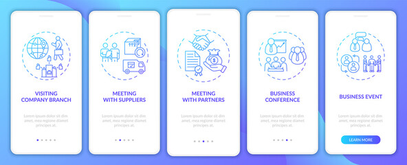Business travel types onboarding mobile app page screen with concepts. Business event walkthrough 5 steps graphic instructions. Meeting with partners. UI vector template with RGB color illustrations