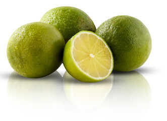 lime have shadows Mirror reflection isolated on white background​ and clipping​ path​