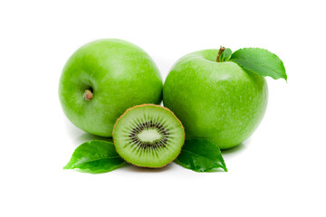 Green apple and sliced kiwi on awhite background. Fresh diet fruit.