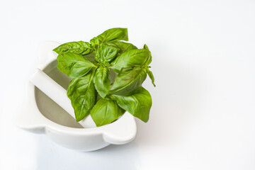 basil leaves in white mortar