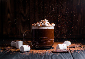 Delicious hot cocoa with marshmallows in a beautiful glass sprinkled with cocoa