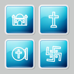 Fototapeta premium Set line Muslim Mosque, Christian cross, and Hindu swastika icon. Vector.