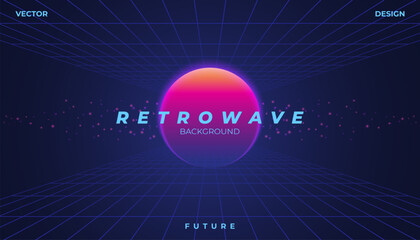 Background Landscape 80s Styled. Synthwave, retrowave, cyber neon with copy space. © nearzoo