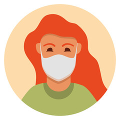 Woman in face mask to prevent disease, flu, air pollution.Girl red hair avatar. Protection wear from coronavirus.