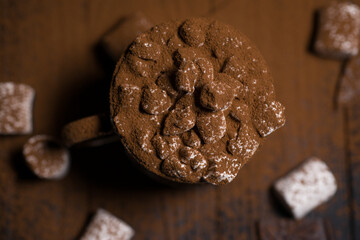 Delicious hot cocoa with marshmallows in a beautiful glass sprinkled with cocoa