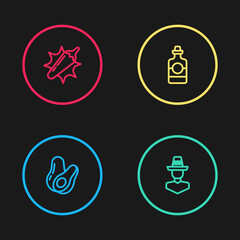 Set line Avocado fruit, Mexican man sombrero, Tequila bottle and Hot chili pepper pod icon. Vector.