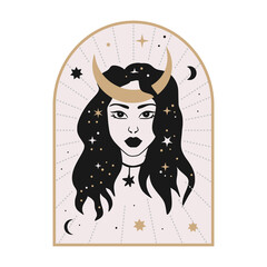 Celestial woman vector illustration with moon and stars. Astrology esoteric boho art. Mystic astronomy girl card. Vintage isolated portrait. 