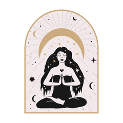 Celestial woman vector illustration with moon and stars. Astrology esoteric boho art. Mystic astronomy girl card. Vintage isolated portrait. 