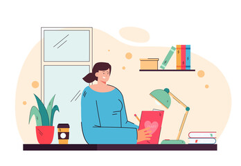 Cute girl writing in diary and sitting at desk flat vector illustration. Cartoon female student studying with book or writing in journal. Lifestyle and personal thoughts concept