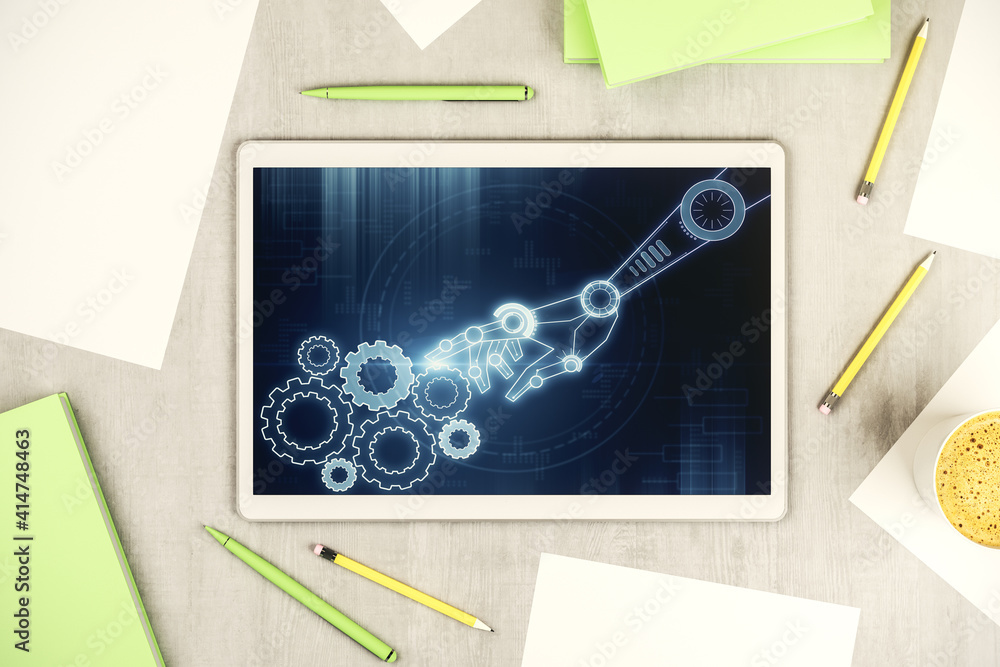Poster creative concept of robotics technology on modern digital tablet screen. robot development and autom