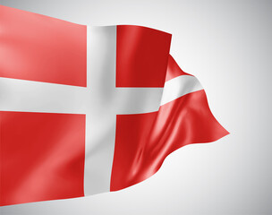 Denmark, vector flag with waves and bends waving in the wind on a white background.