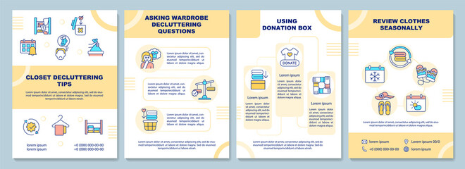 Closet decluttering tips brochure template. Decluttering questions. Flyer, booklet, leaflet print, cover design with linear icons. Vector layouts for magazines, annual reports, advertising posters